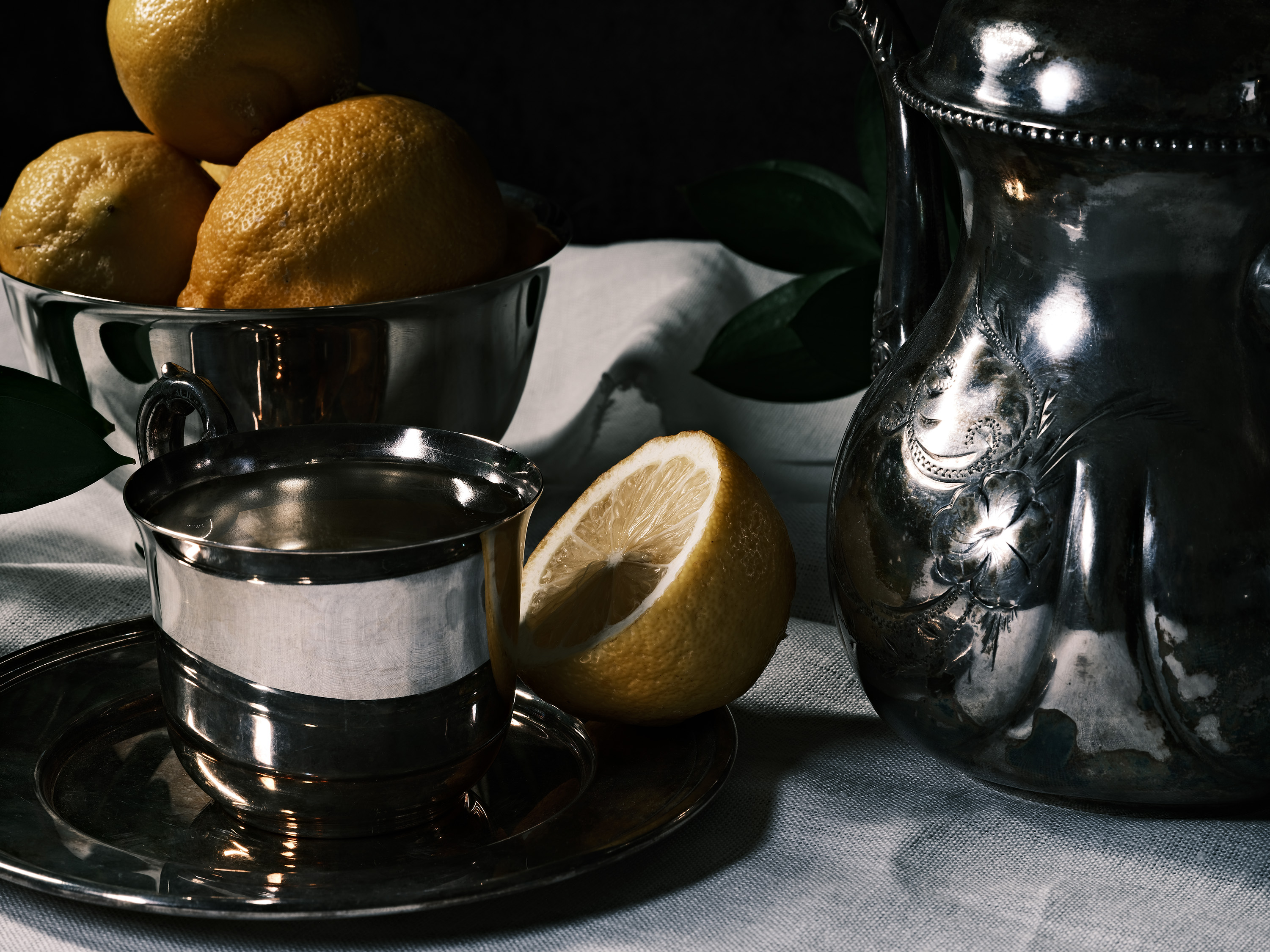 Still life photography using flowers and lemons