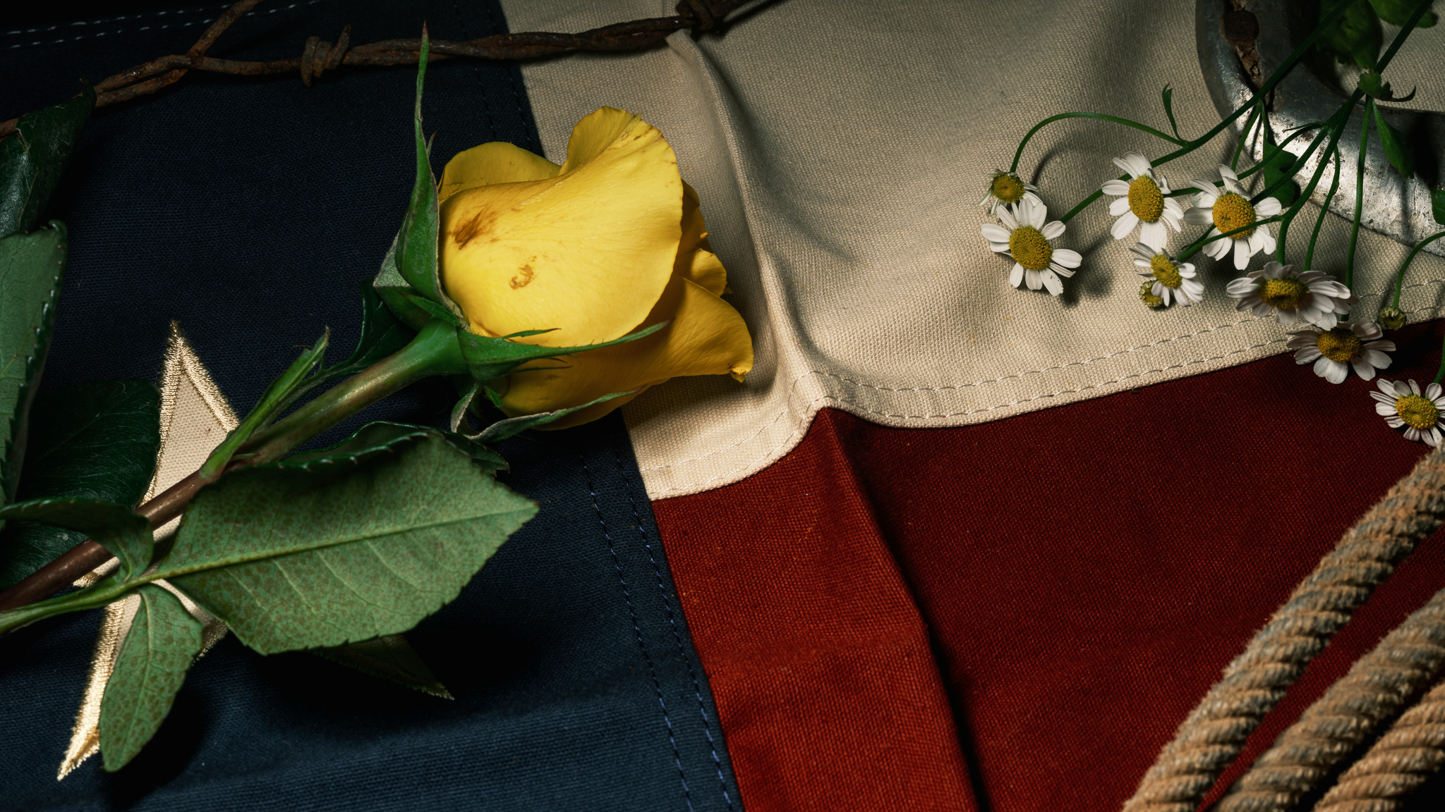 Still-life photography of a texas flag, apple, and golden cloth
